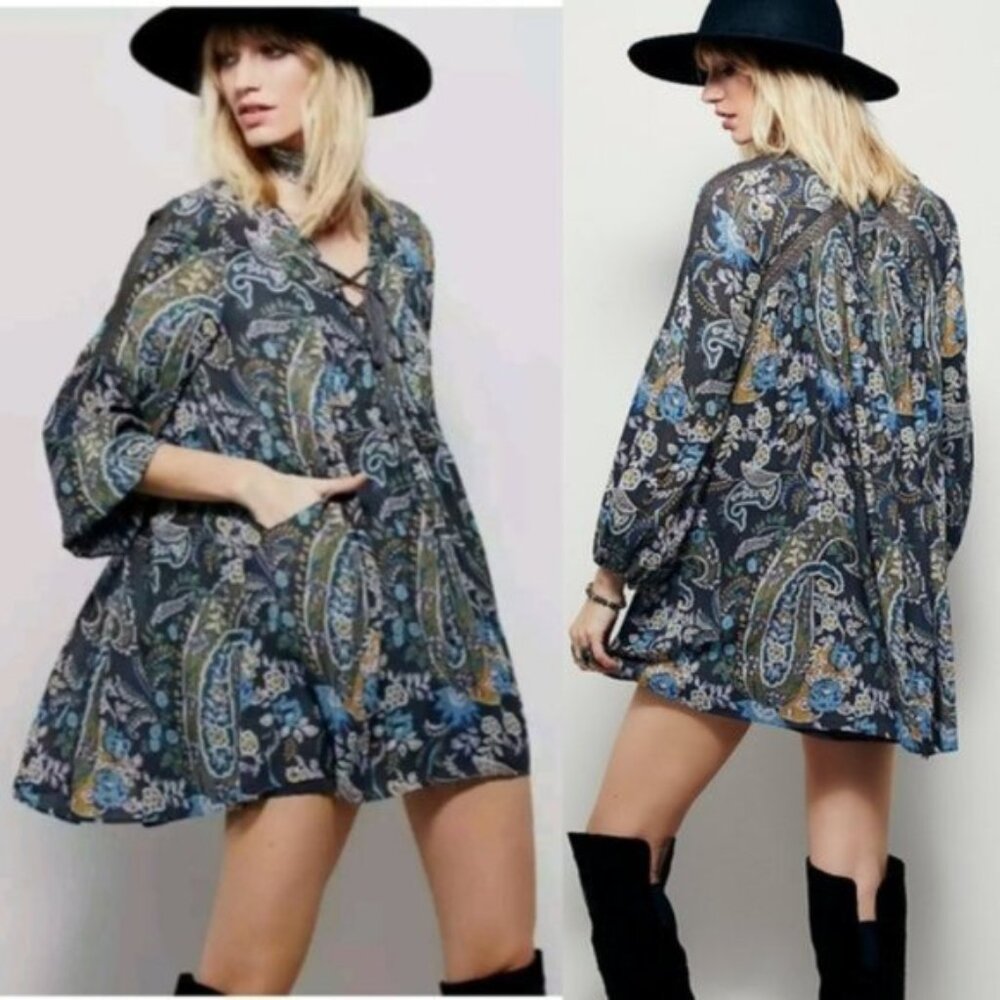 Free People Rain or Shine Mini Dress Tunic Floral Paisley Print size XS Boho